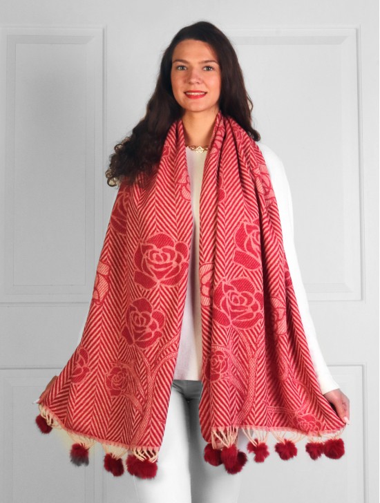 Cashmere Feeling Zig Zag & Rose Scarf with Pom-Poms